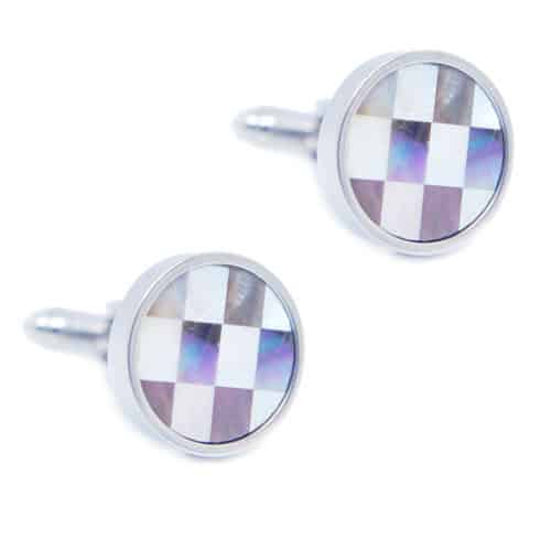 Mother of Pearl - Silver Checked Round Cufflinks
